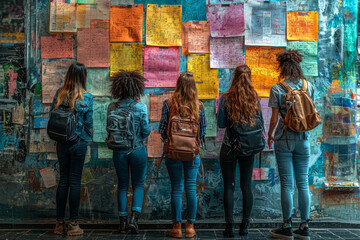 Poster - a marketing team brainstorming creative campaigns with colorful mind maps on a wall. concept of crea