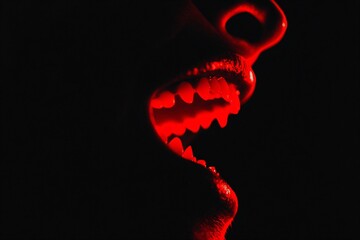 Closeup of red vampire fangs on black background. Scary monster teeth. Spooky Halloween concept. Horror and nightmare