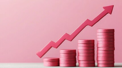 Pink coins stacked with an upward trend graph on a soft pink background.