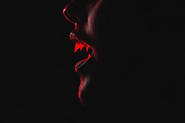 closeup of red vampire fangs on black background. scary monster teeth. spooky halloween concept. hor