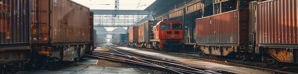 A freight train is being loaded with containers at a railway station, showcasing the busy loading operations and transportation flow. Generative AI