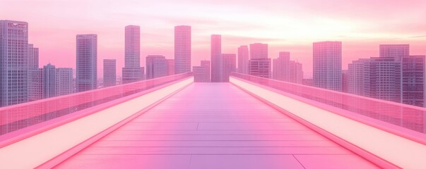 Futuristic cityscape with pink skyline and modern architecture during sunset.