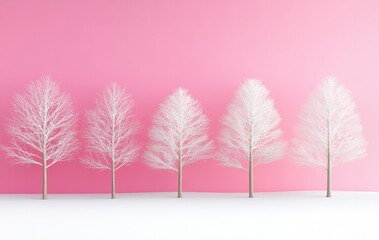 Wall Mural - Five white trees on a pink background, creating a minimalist nature scene.
