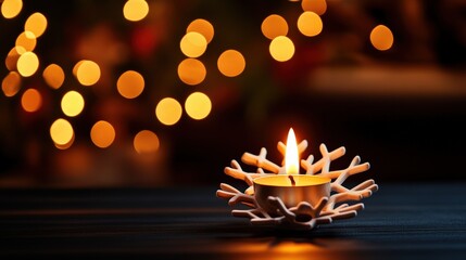 Sticker - Candle with warm glow on table, surrounded by festive bokeh lights.