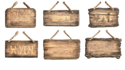 Poster - Wooden Signs With Ropes Hanging in a Rustic Setting Generative AI