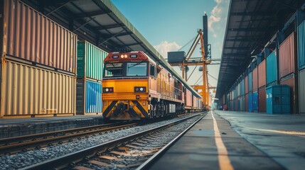 Fototapete - A freight train is being loaded with containers at a busy railway station under a clear blue sky while cranes are at work. Generative AI