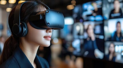 A woman wearing virtual reality goggles engages with a digital world, highlighting technological innovation and immersive experiences.