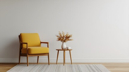 Cozy minimalist living space with yellow chair and vase