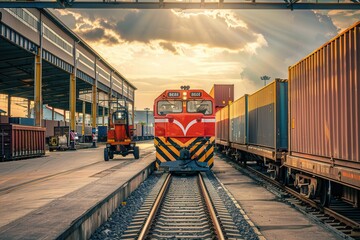 Poster - A freight train is being loaded with shipping containers at a busy railway station as the sun sets in the background, casting dramatic light. Generative AI