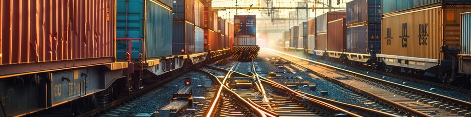 Poster - A freight train is actively being loaded with colorful containers at a railway station in the warm glow of sunset. Generative AI