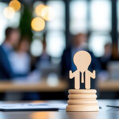 Wooden figure representing teamwork and collaboration on a desk in an office setting.