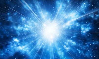 Abstract blue and white background with bright light and glowing particles.