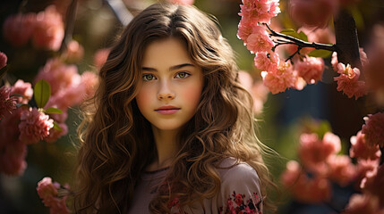 Wall Mural - Portrait of a young woman between beautiful flowers