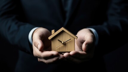 A businessman holds a wooden house with a clock, symbolizing mortgage time and real estate