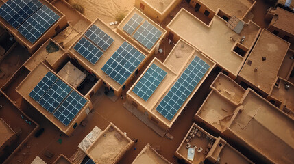 Aerial view of solar panels installed on rooftops in desert village, showcasing sustainable energy solutions in warm, arid environment