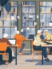 Leinwandbilder - A group of older adults participates in computer training, focusing on their laptops and desktops in a welcoming classroom environment. Generative AI