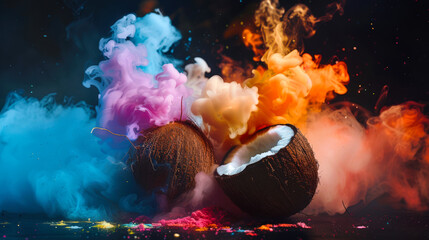 Wall Mural - two coconuts, one of which is cut in half, lie on a black table shrouded in thick colored mysterious