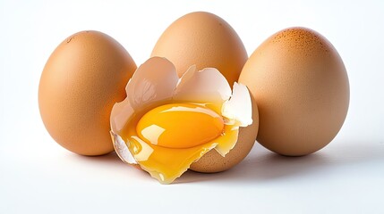Poster - Broken Egg Among Whole Eggs on a White Background in Daylight Generative AI