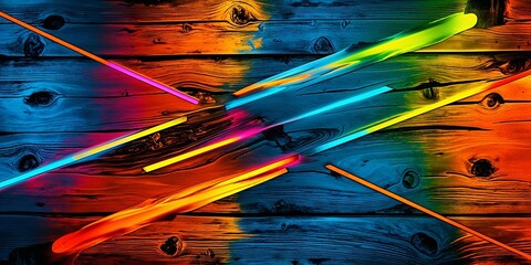 Wall Mural - Colorful neon lights on wooden background.