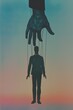 © dekreatif - A large hand with strings attached to a puppet man in a suit standing in front of a sunset sky, symbolizing control and manipulation.