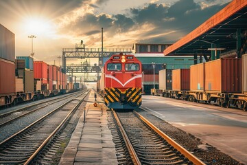 A freight train is being loaded with colorful containers at a busy railway station as the sun sets in the background. Generative AI