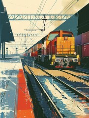 Aufkleber - A freight train is being loaded with colorful shipping containers at a busy railway station under a clear sky. Generative AI