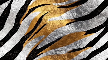 tiger print seamless patchwork pattern in golden yellow silver and white glittering metallic paint. fashion trendy background for fabric design wallpaper