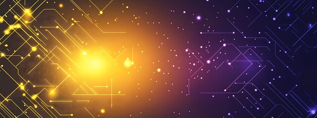 Poster - Abstract background with yellow and purple lights and digital lines.