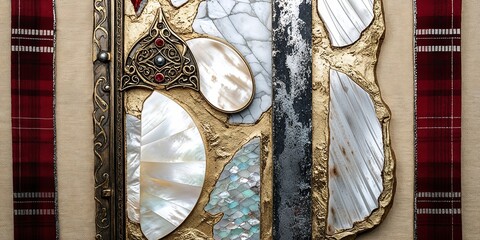 Wall Mural - Close-up of a luxurious book cover with pearl inlay and gold accents.