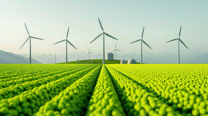 serene landscape featuring green hydrogen facility in Central Europe, surrounded by wind turbines and lush fields. scene captures essence of renewable energy and sustainability