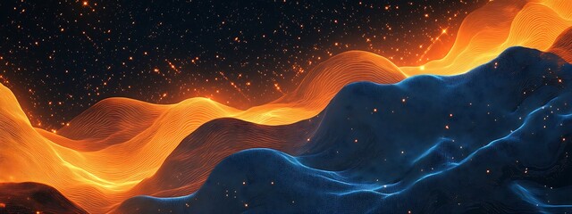 Poster - Abstract blue and orange wavy lines with glowing particles.