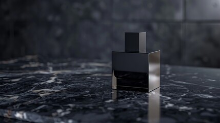 men's perfume bottle with a clean and austere design on a plain, matte black background. Mockup for design