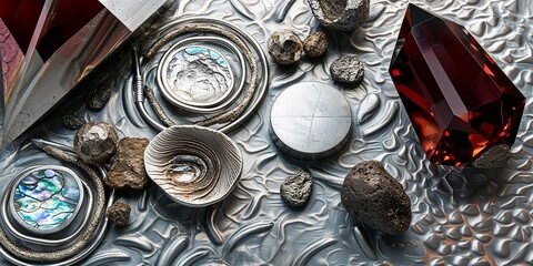 Poster - Abstract composition with silver, stone, and glass objects on a textured surface.