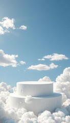 Wall Mural - cheerful cloud podium floating in a bright blue sky, perfect for clean product displays.