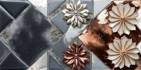 Canvas Print - Geometric floral tiles in copper, silver and black.