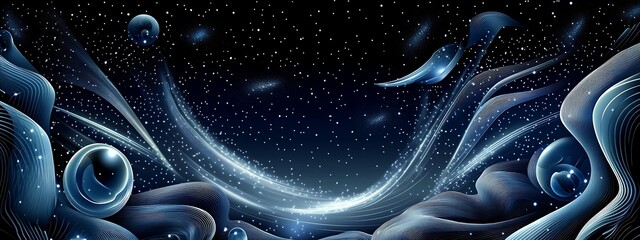 Abstract blue and white glowing lines on a dark background with a starry night sky.