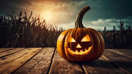 Scary halloween pumpkin on wooden planks