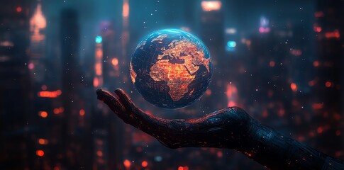 Leinwandbilder - a robotic hand holding a glowing earth, a futuristic cityscape in the background.