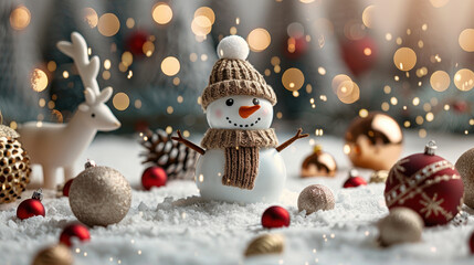 cheerful snowman wearing cozy hat and scarf stands amidst festive winter scene filled with sparkling ornaments and reindeer. atmosphere is joyful and magical