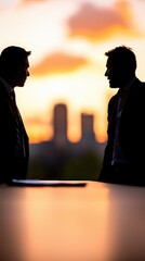 Two businessmen silhouetted against a sunset background.