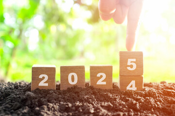 Poster - Hand changing year 2024 to 2025 in wooden blocks with growing plant at sunrise. Welcome new year 2025 and goodbye 2024 concept.