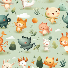 Cute animals running in the grass, seamless pattern, Continuous image of cute animals running in a green meadow, wallpaper