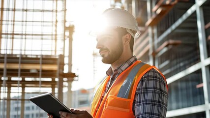 Poster - A focused construction worker reviewing blueprints on a tablet, with a large, glass-fronted building under construction behind them 