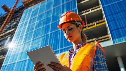 Poster - A focused construction worker reviewing blueprints on a tablet, with a large, glass-fronted building under construction behind them 