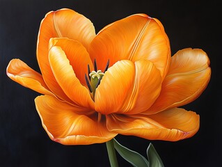 a single orange tulip with green stem against a black background.