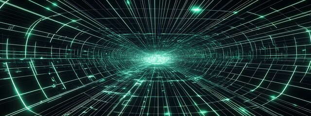 Abstract digital tunnel with glowing green lines.