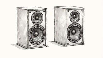 Hand-drawn illustration of two vintage audio speakers with detailed design