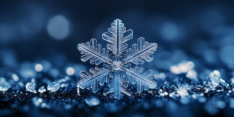 Poster - A single, intricate snowflake rests upon a bed of shimmering ice crystals, creating a stunning winter scene.