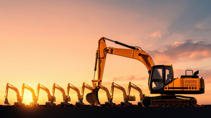 Excavators lined up against stunning sunset create striking silhouette, showcasing power and efficiency of heavy machinery in construction