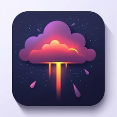 A vibrant digital illustration of a purple and pink cloud with rays of light and droplets, set against a dark background. mobile application icons